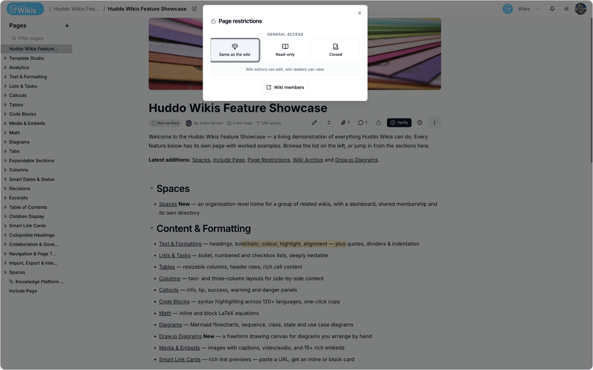 Page restrictions in Huddo Wikis