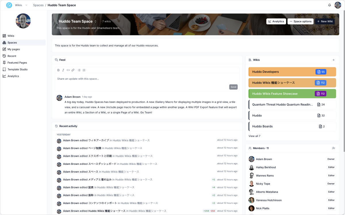 Space dashboard in Huddo Wikis