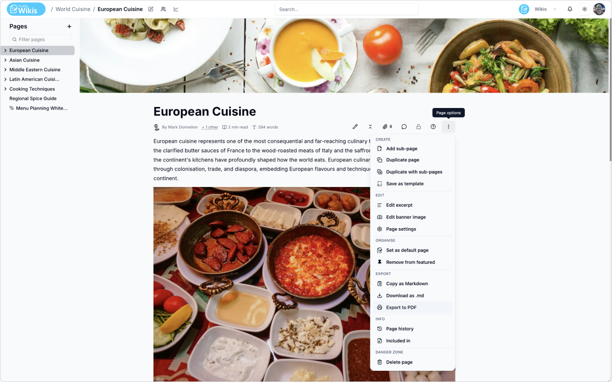 Page options and export menu in Huddo Wikis