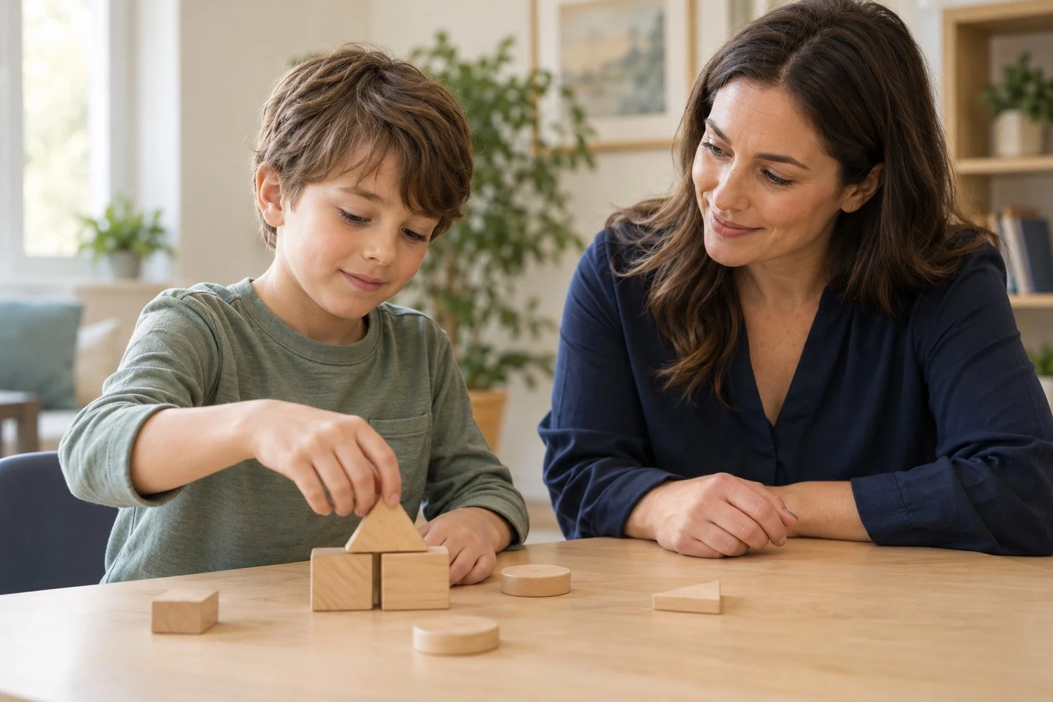 Illustration of a child arranging wooden shapes with a supportive adult