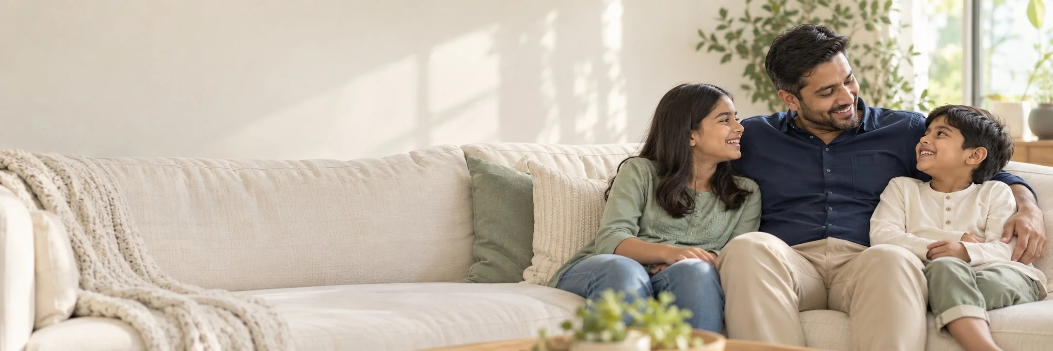 Illustrative image of a father and two children sharing a relaxed moment at home