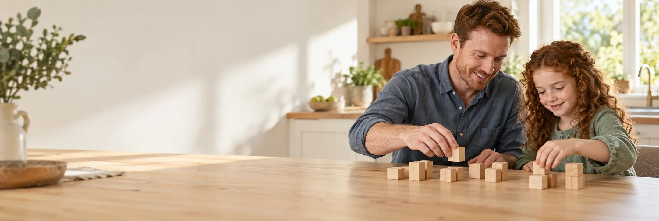 Illustrative image of a father and daughter learning with wooden counting blocks