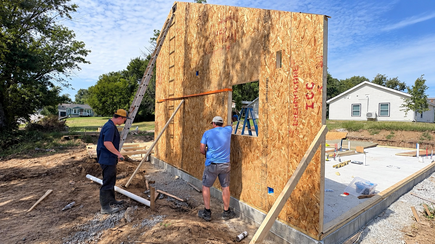 Builder securing the upper edge of a prefabricated wall