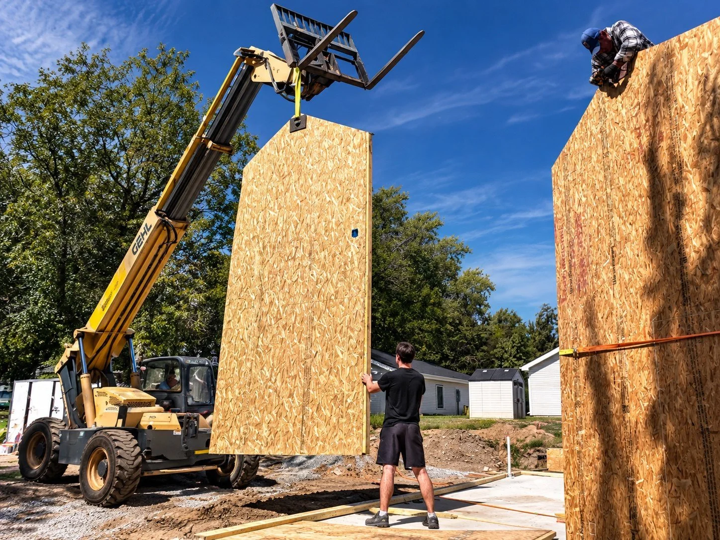 Construction equipment lifting a wall panel into place