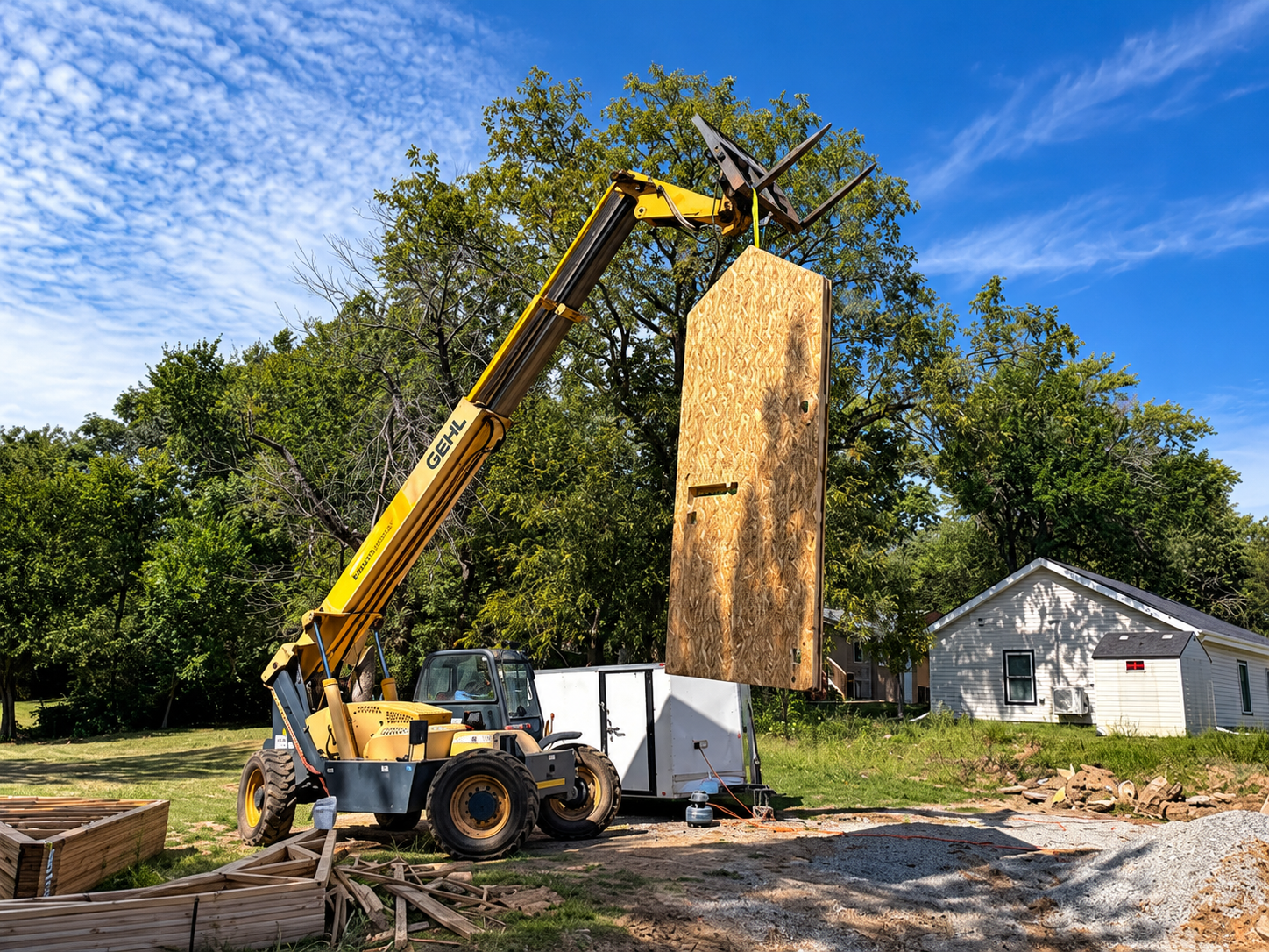 Telehandler lifting a prefabricated wall at a CSL home construction site