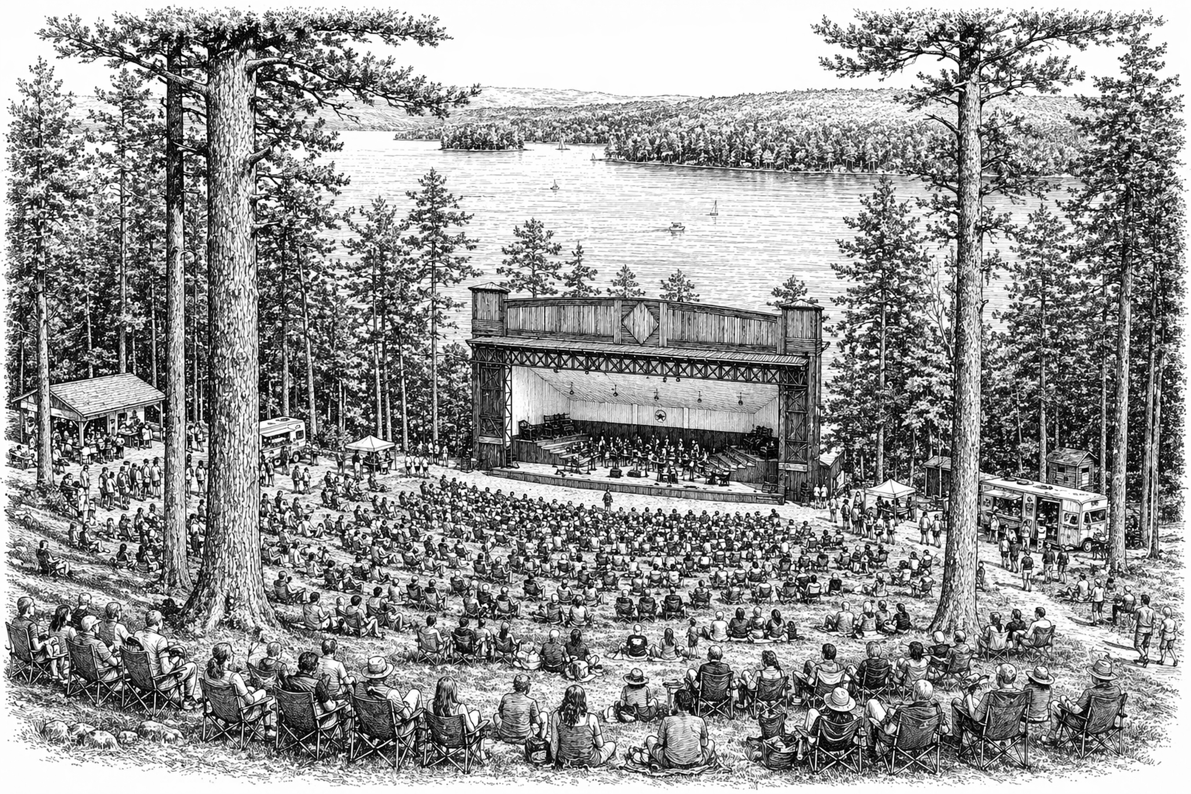 Illustration of Bowl In The Pines, Sidney, Maine — aerial view of a lakefront amphitheater nestled among towering pines on the shores of Lake Messalonskee