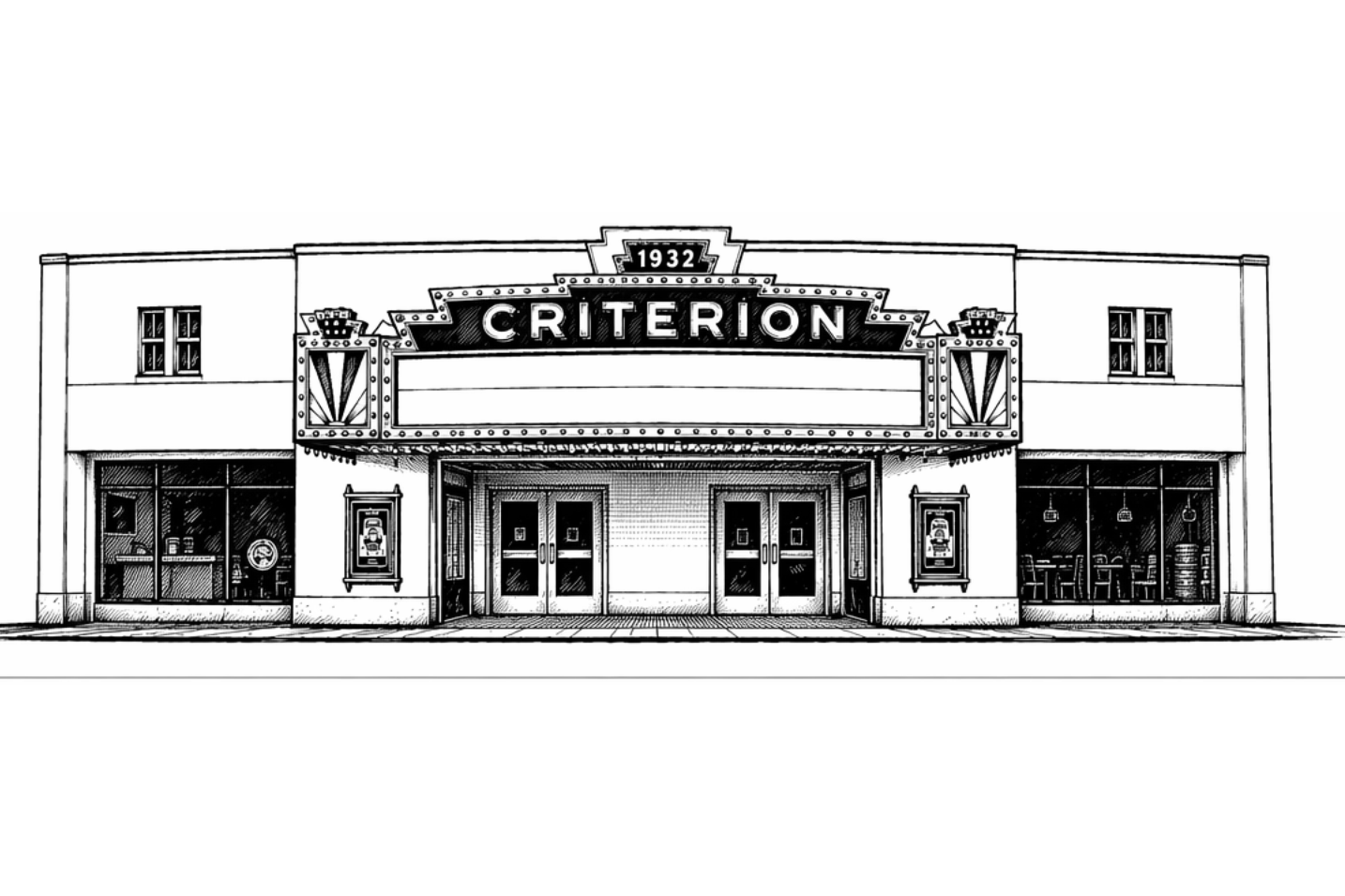 Illustration of the 1932 Criterion Theatre, Bar Harbor, Maine — Art Deco facade with original marquee