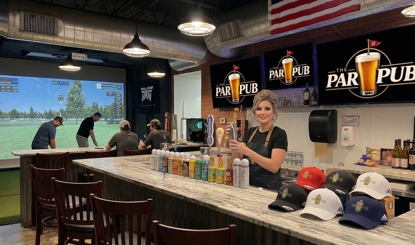 The bar at The Par Pub with simulator bays in the background