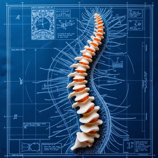 Side-profile illustration of the human spine rendered as an architectural blueprint on blue paper — the body's structural blueprint, AlignSmart, Symmetry for Health, Folsom CA