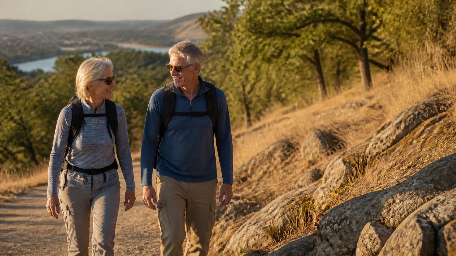 Active older couple hiking on a trail — posture alignment for healthy aging, Symmetry for Health
