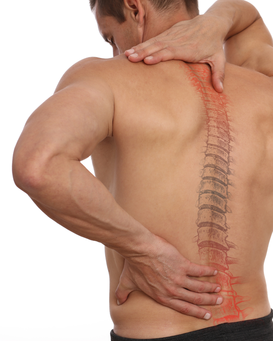 Man holding his neck and lower back with the spine highlighted in red, showing common areas of back and neck pain — AlignSmart posture alignment, Symmetry for Health, Folsom CA