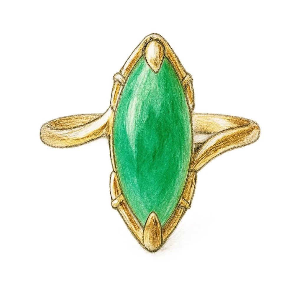 Early sketch of custom jade engagement ring with raven claw prongs, designed by A. D'Mae Diamonds Los Angeles