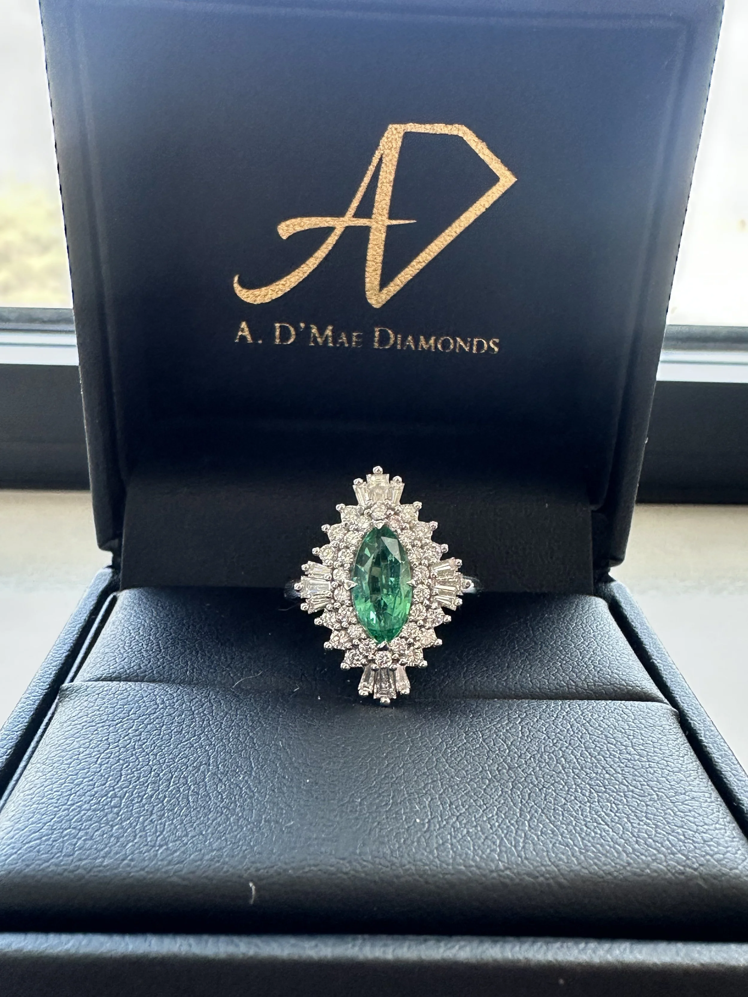 Custom Emerald Engagement Ring designed by A. D'Mae Diamonds in Los Angeles