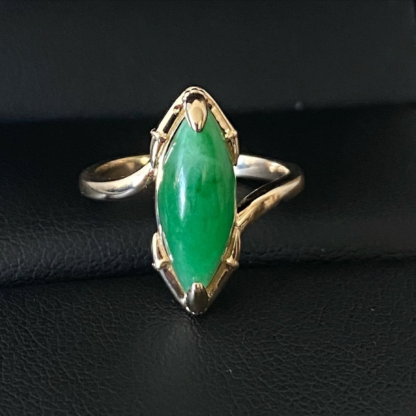 Custom jade engagement ring with raven claw prongs and marquise-cut jade centerstone, designed by A. D'Mae Diamonds Los Angeles