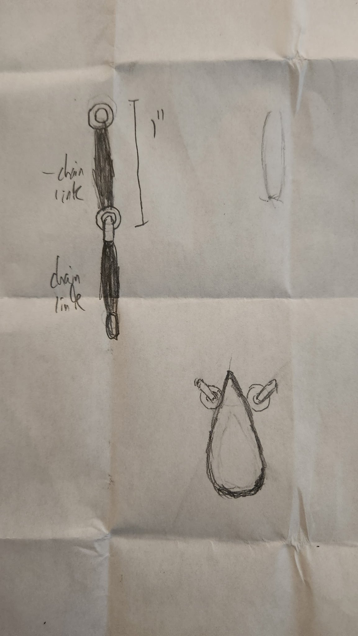 Hand-drawn sketch of custom emerald necklace showing chain link proportions and teardrop pendant setting, designed by A. D'Mae Diamonds Los Angeles