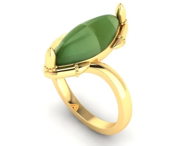 CAD rendering of jade raven claw engagement ring showing marquise-cut jade held by sculpted prongs, designed by A. D'Mae Diamonds Los Angeles