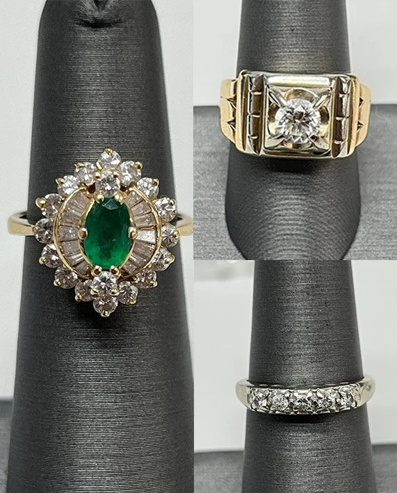 Collection of inherited heirloom rings including emerald cluster, men's diamond ring, and diamond band before redesign at A. D'Mae Diamonds Los Angeles