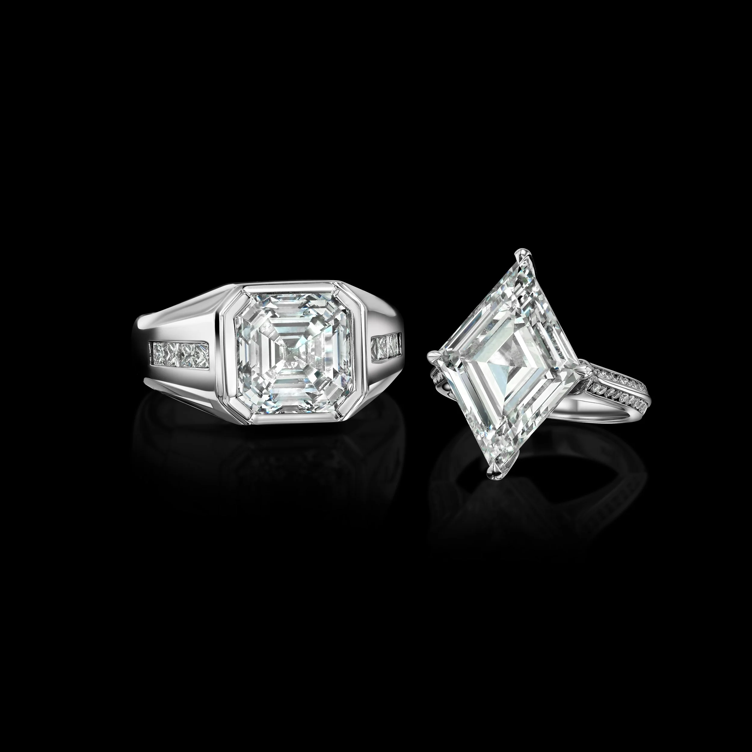 His and Hers custom engagement rings - Asscher cut and Lozenge cut by A. D'Mae Diamonds Los Angeles