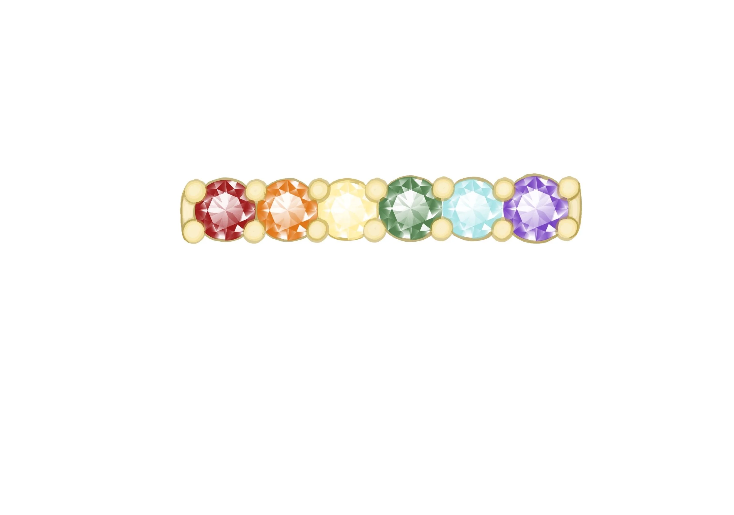 Illustration of custom rainbow pride ring design showing shared-prong band with six colored gemstones in 14k yellow gold, designed by A. D'Mae Diamonds Los Angeles