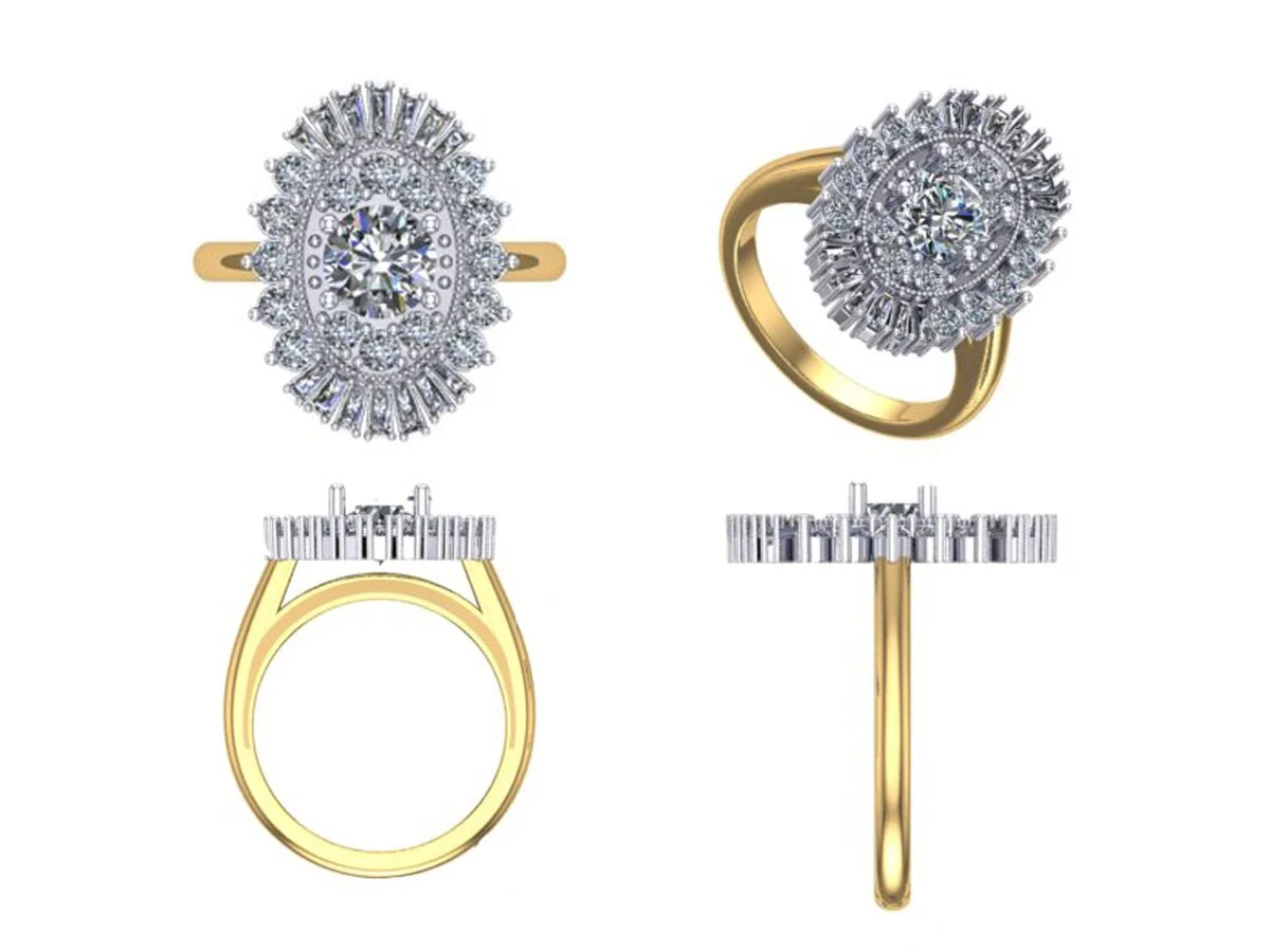 CAD rendering of heirloom ballerina halo engagement ring showing baguette and round diamonds from multiple family members, designed by A. D'Mae Diamonds Los Angeles