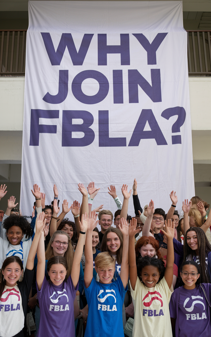 Students raising hands with FBLA banner