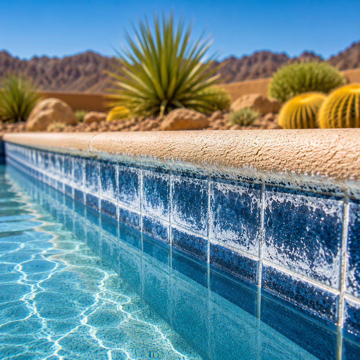 white calcium crust on desert pool tile line