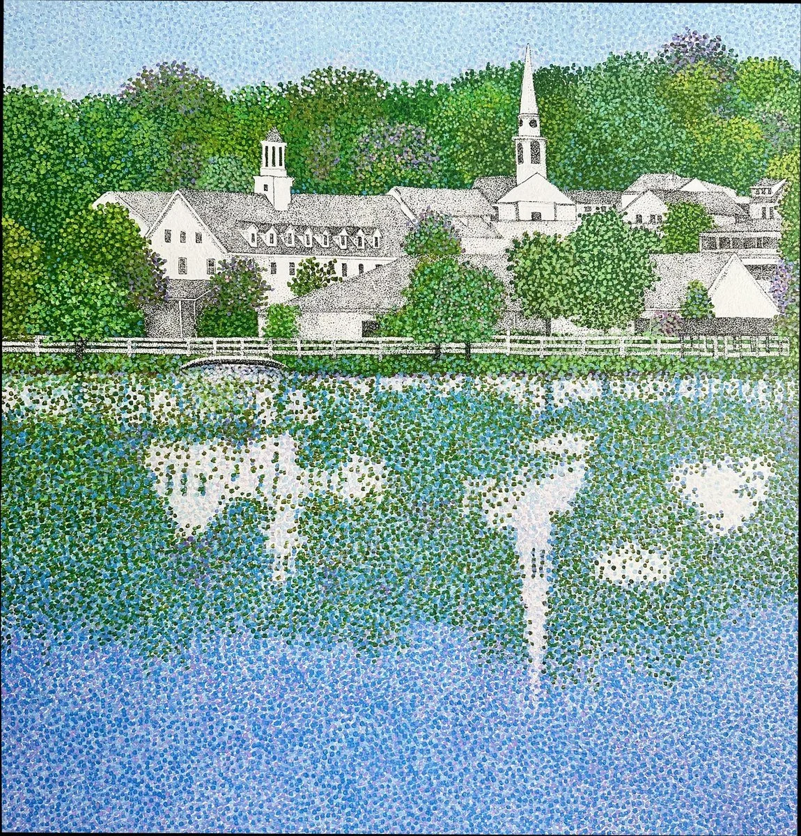 Silent Steeple — pointillist village and water reflections by Valerie Romano