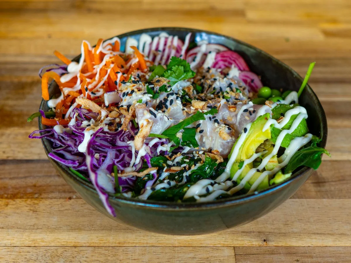 Fresh creamy ceviche poke bowl