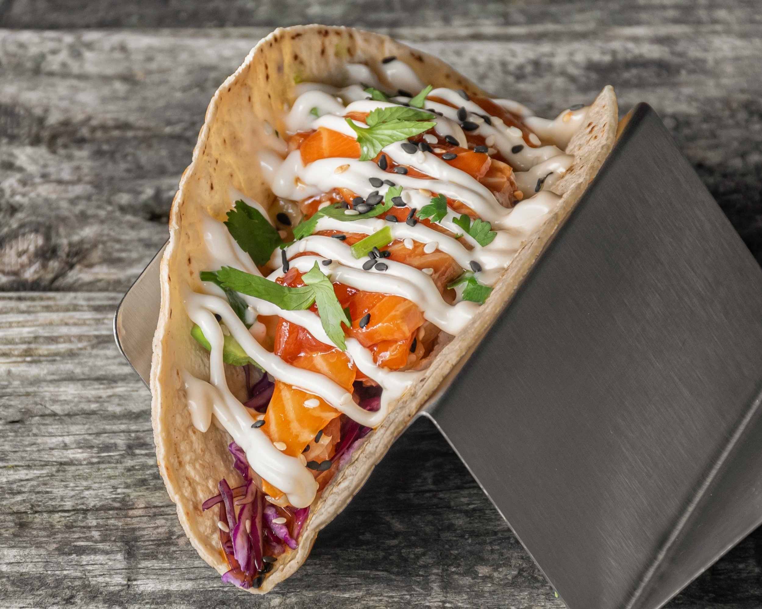 Marinated fresh salmon taco