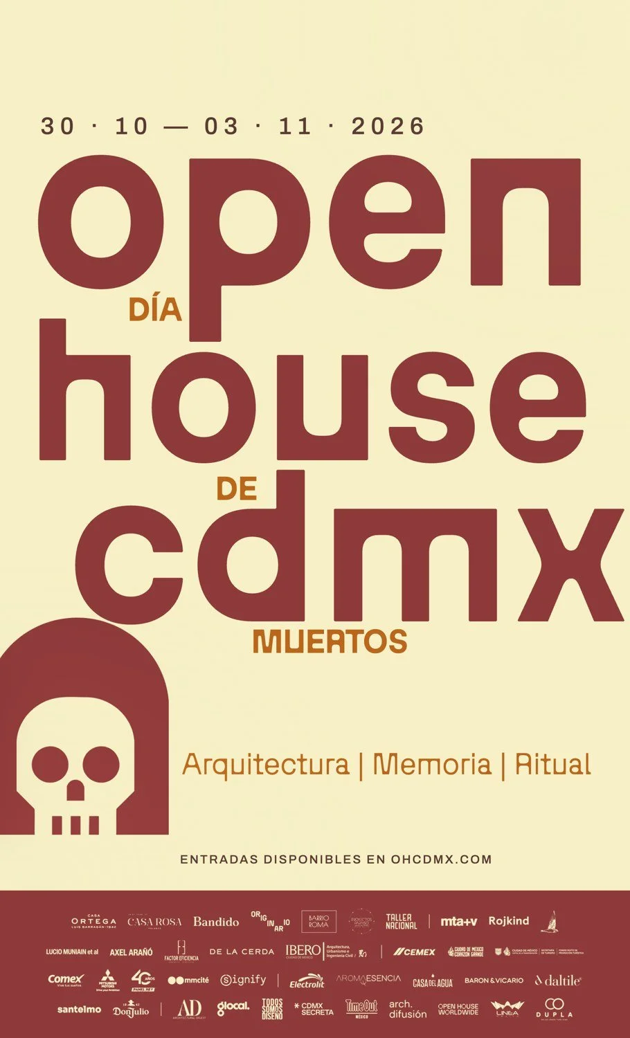 Póster de Open House Día de Muertos 2026 con la franja de logos al pie