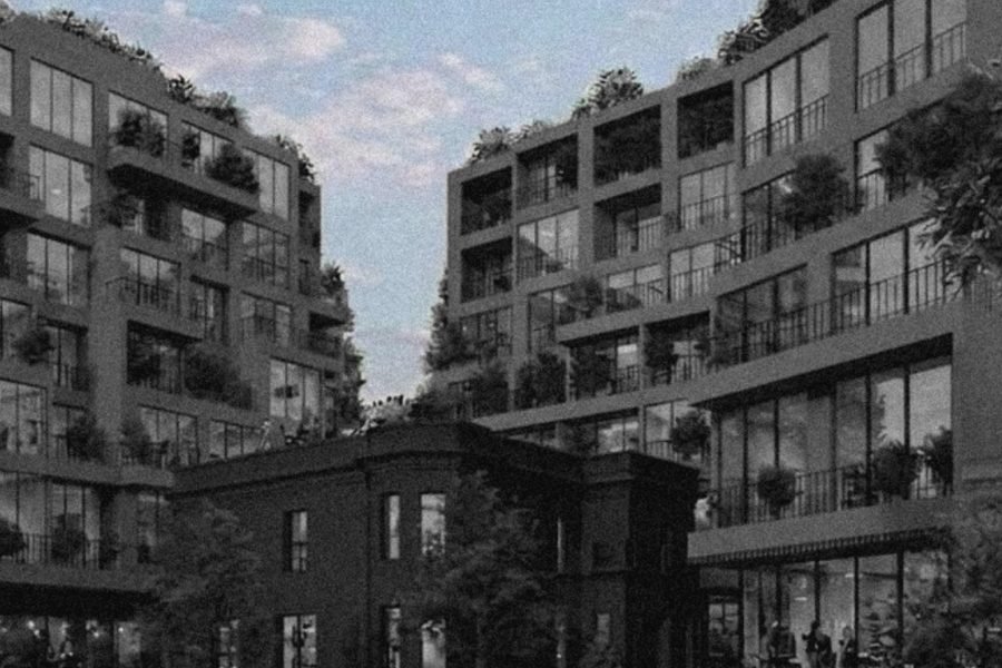 Barrio Roma: conjunto de edificios nuevos con terrazas verdes alrededor de una casona de ladrillo.