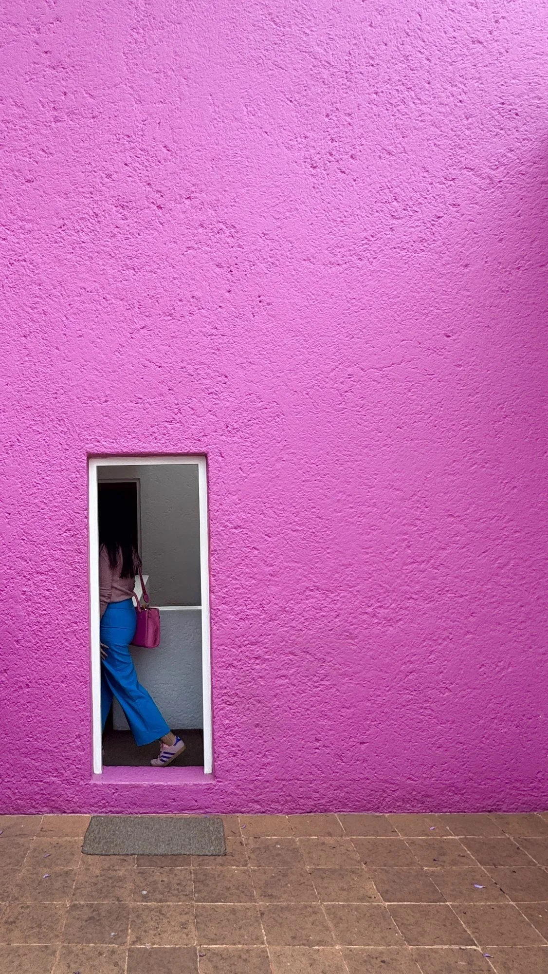 Muro rosa con una puerta abierta