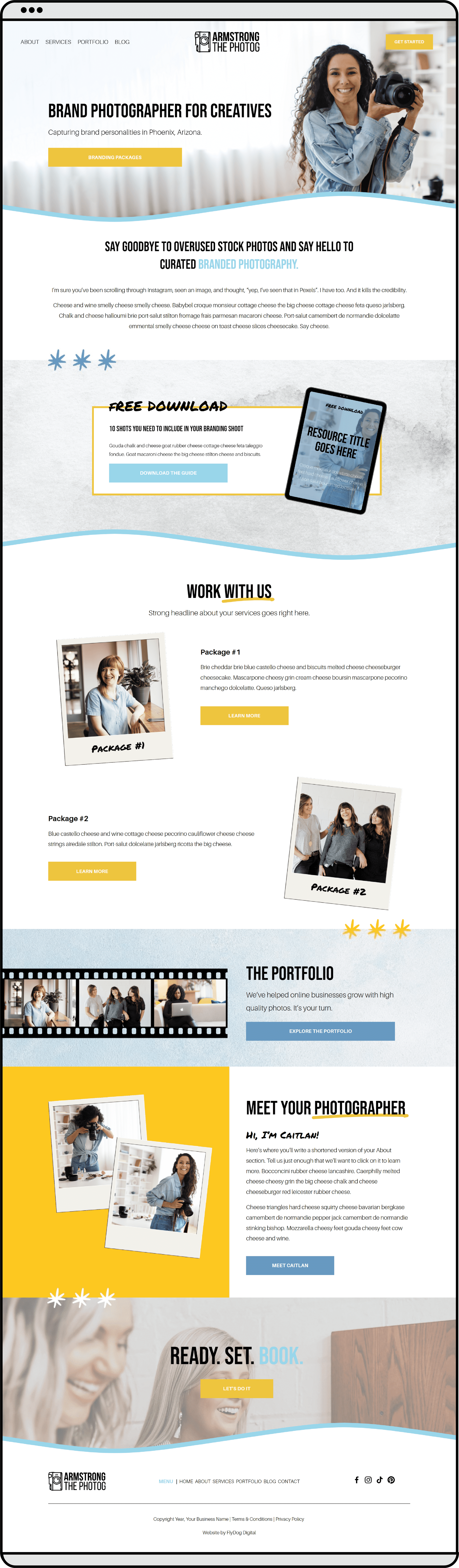 A wsection of a website showing a template featuring a photographer holding her camera