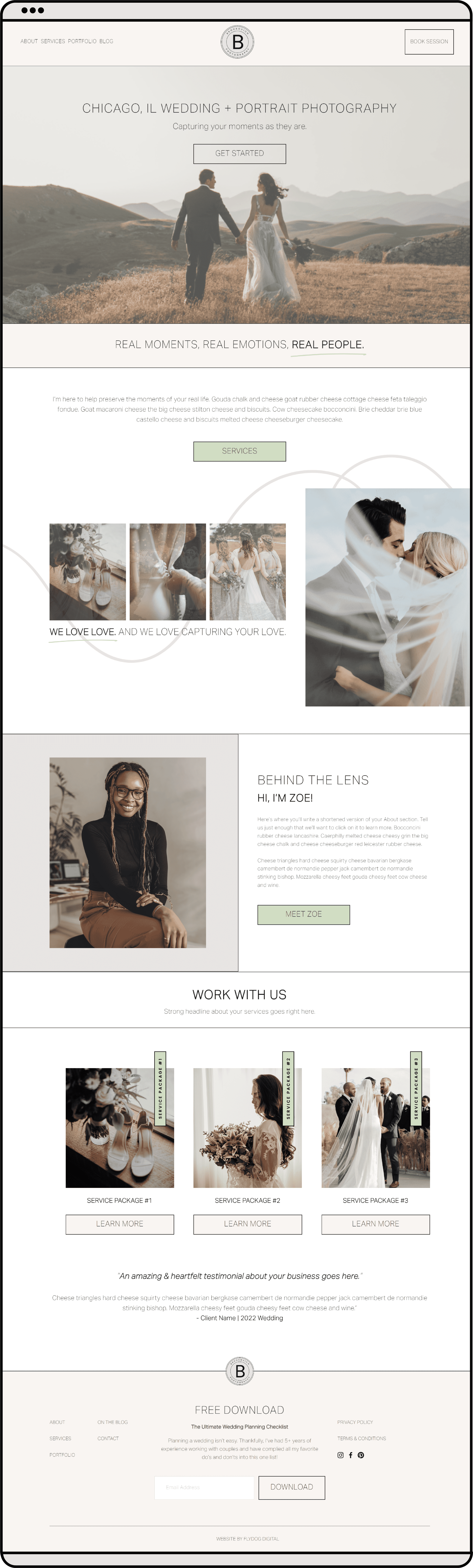  A section of a website template showing a man and a woman holding hands wearing wedding outfits to show a photography website
