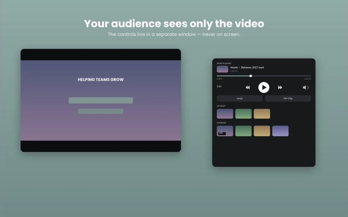Sidewing - audience sees only the video