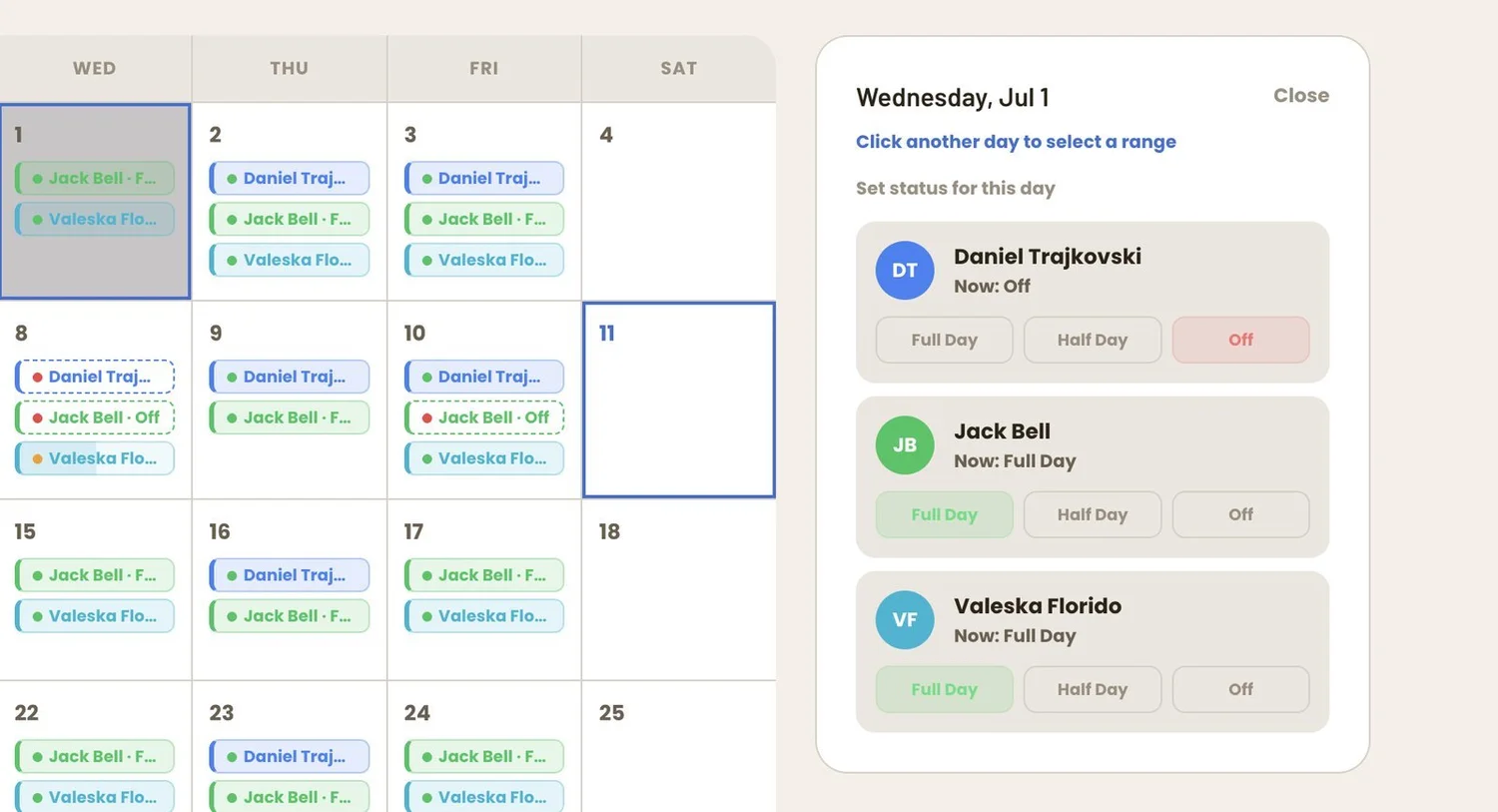 Day panel - set Full Day, Half Day, or Off per editor