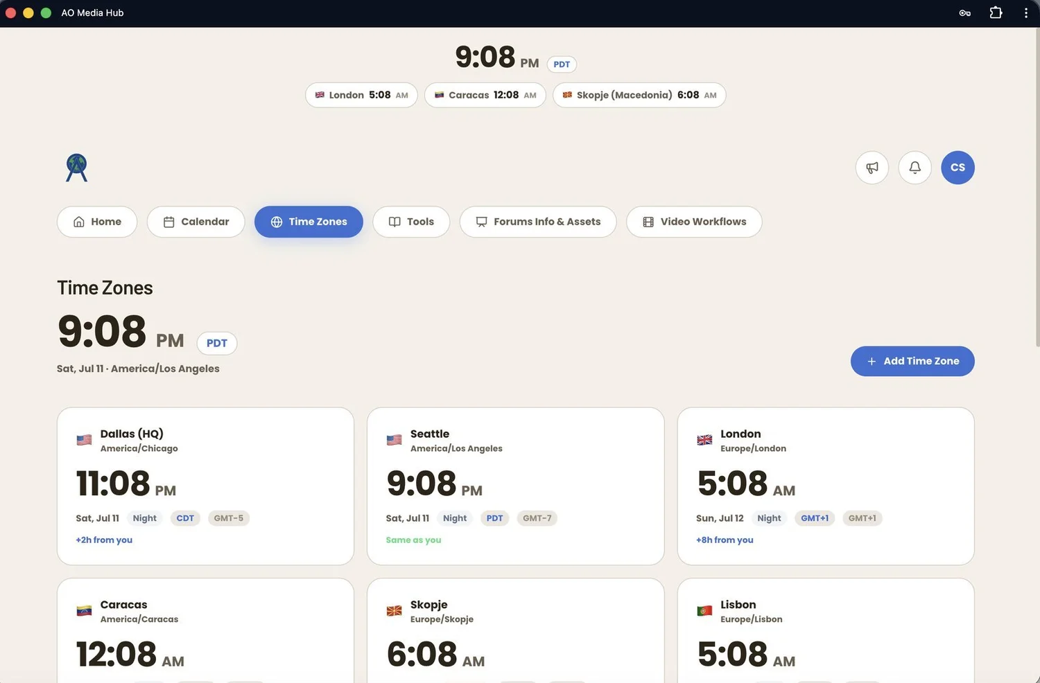 Media Hub - time zones across the team