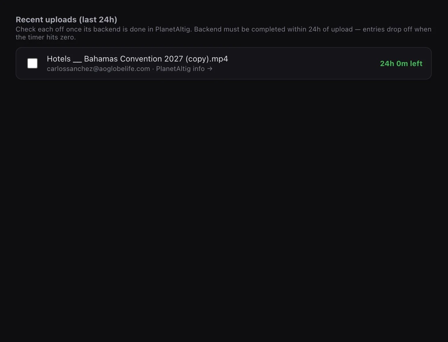 Media Uploader - recent uploads with 24h backend timer