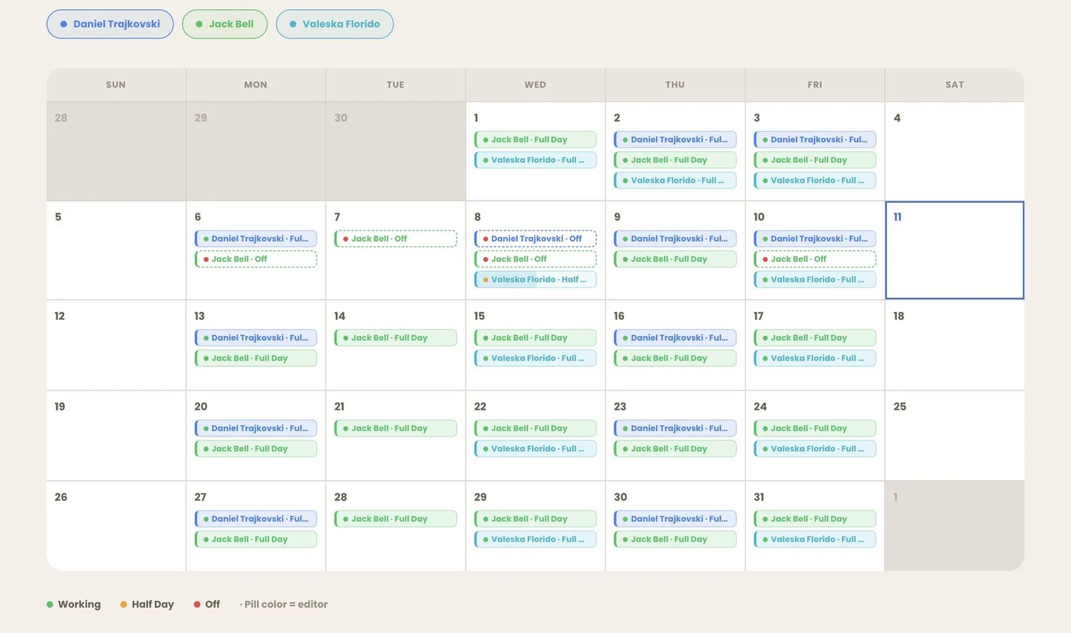 Month grid - working, half day, and off status pills