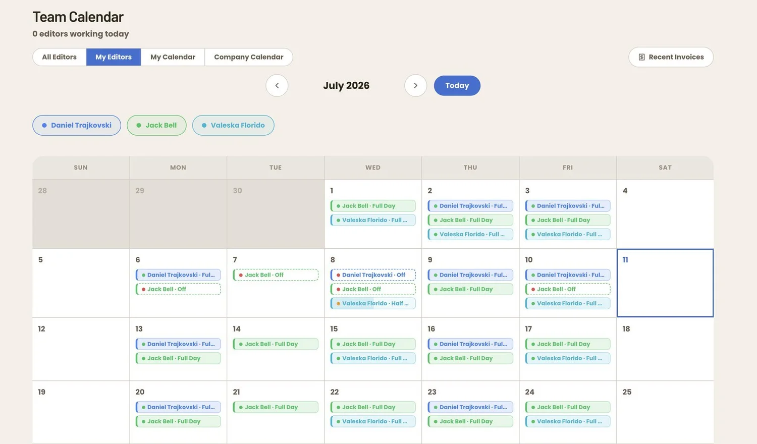 Team Calendar - month view with editor filters