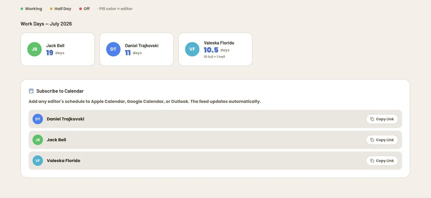 Work-day totals and subscribe feeds for Apple, Google, Outlook