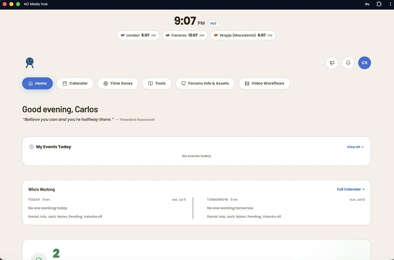Media Hub - home dashboard with events and who is working