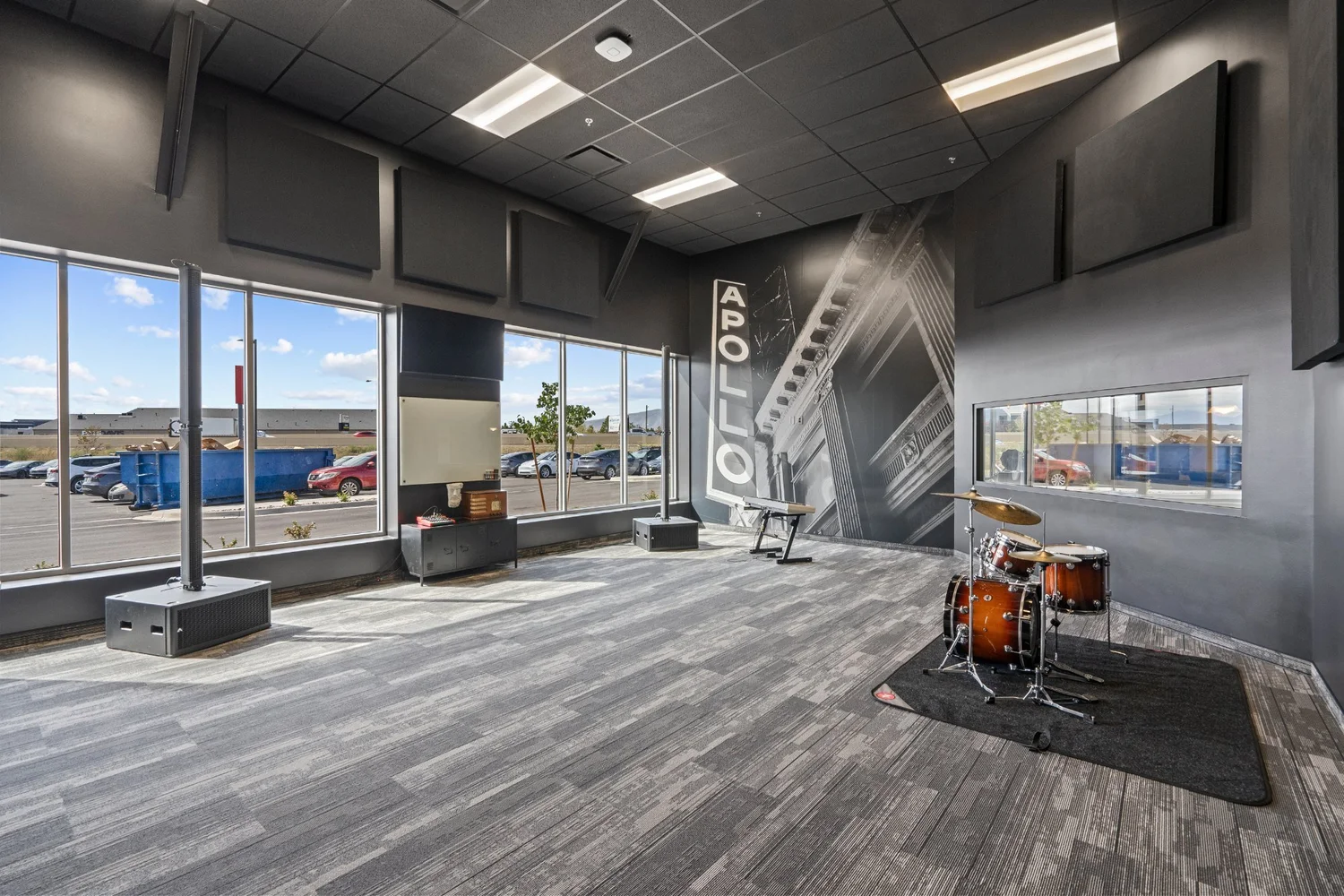 A Soundhouse rehearsal room with a drum kit set up