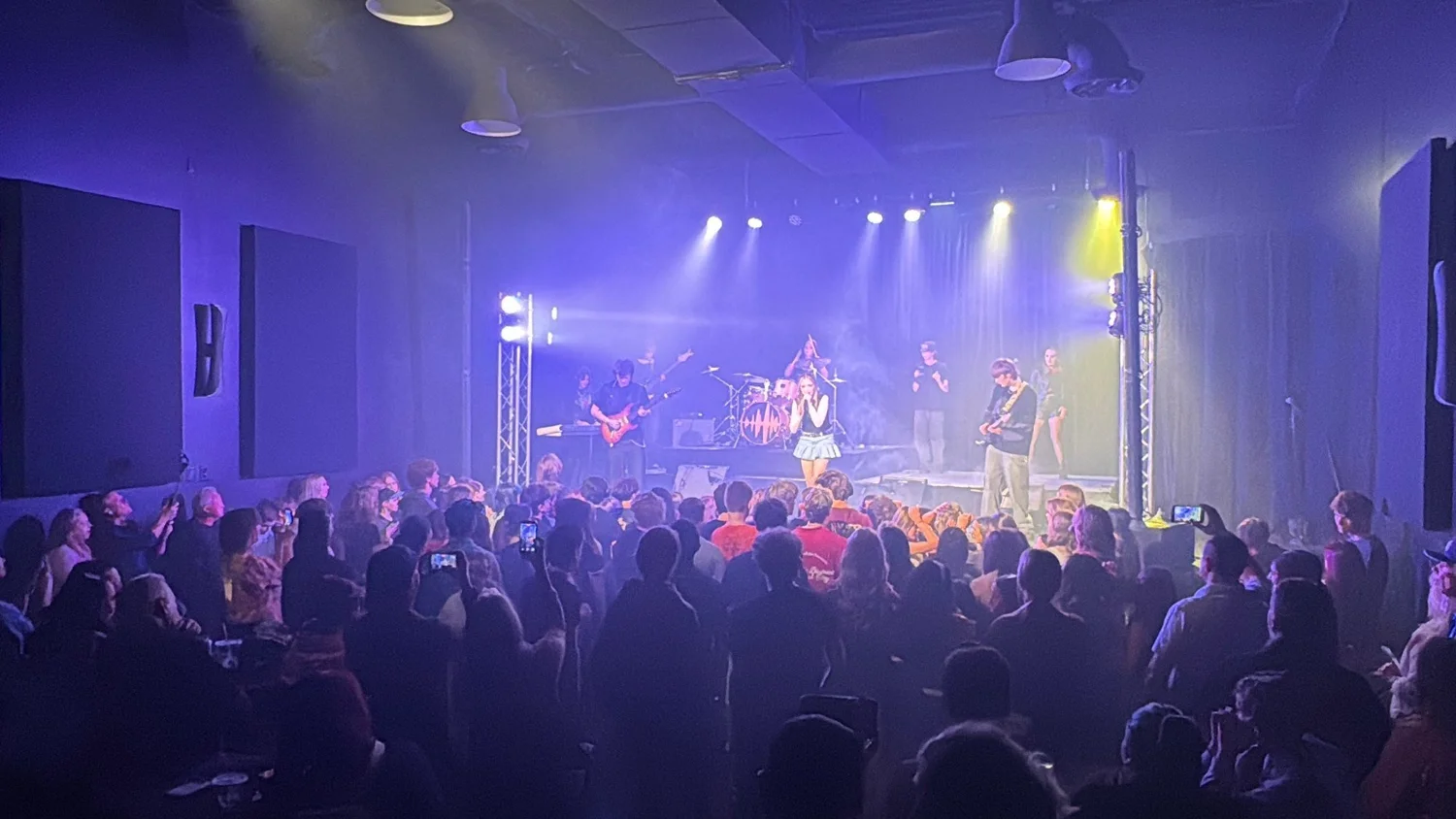 A Soundhouse band performing to a full room in the Soundbox