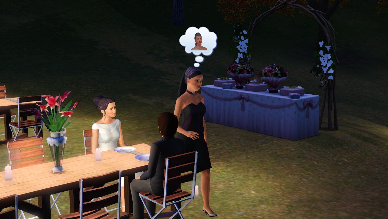 Emery Tevellyn, thinking of Rukiya Shabani (in a thought bubble), walks past a table where Dorothy Button and Chase Harley are sitting across from each other with empty plates.