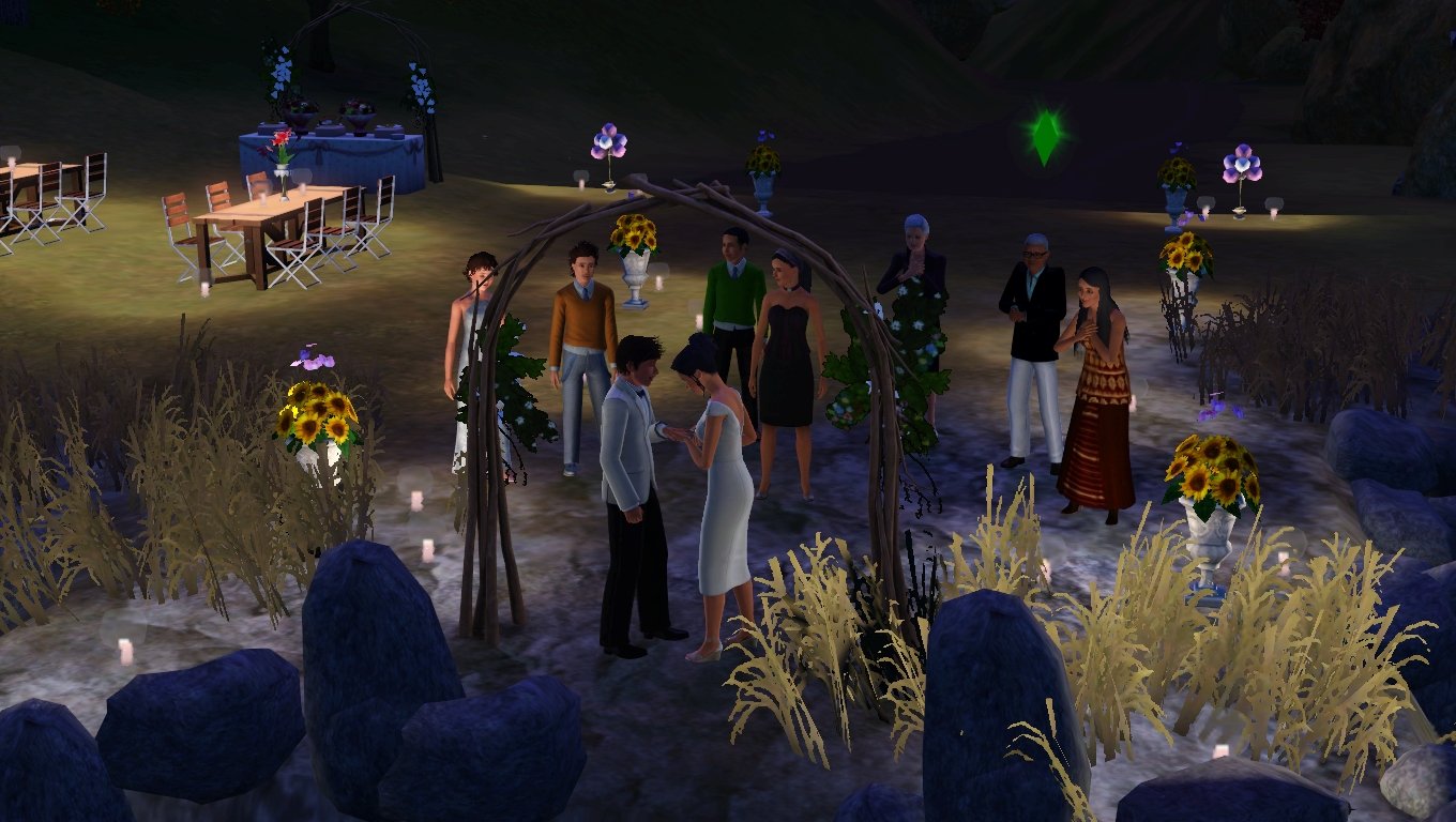 Under a wedding arch, Dorothy slips a ring onto Matthew’s finger while a crowd watches, including Aria, Ryker, Mason, Emery, Bridget, Altman, and Sage. In the background, there are tables with chairs and a buffet table on one side, and two lines of sunflower vases and candles leading from the arch to the road.