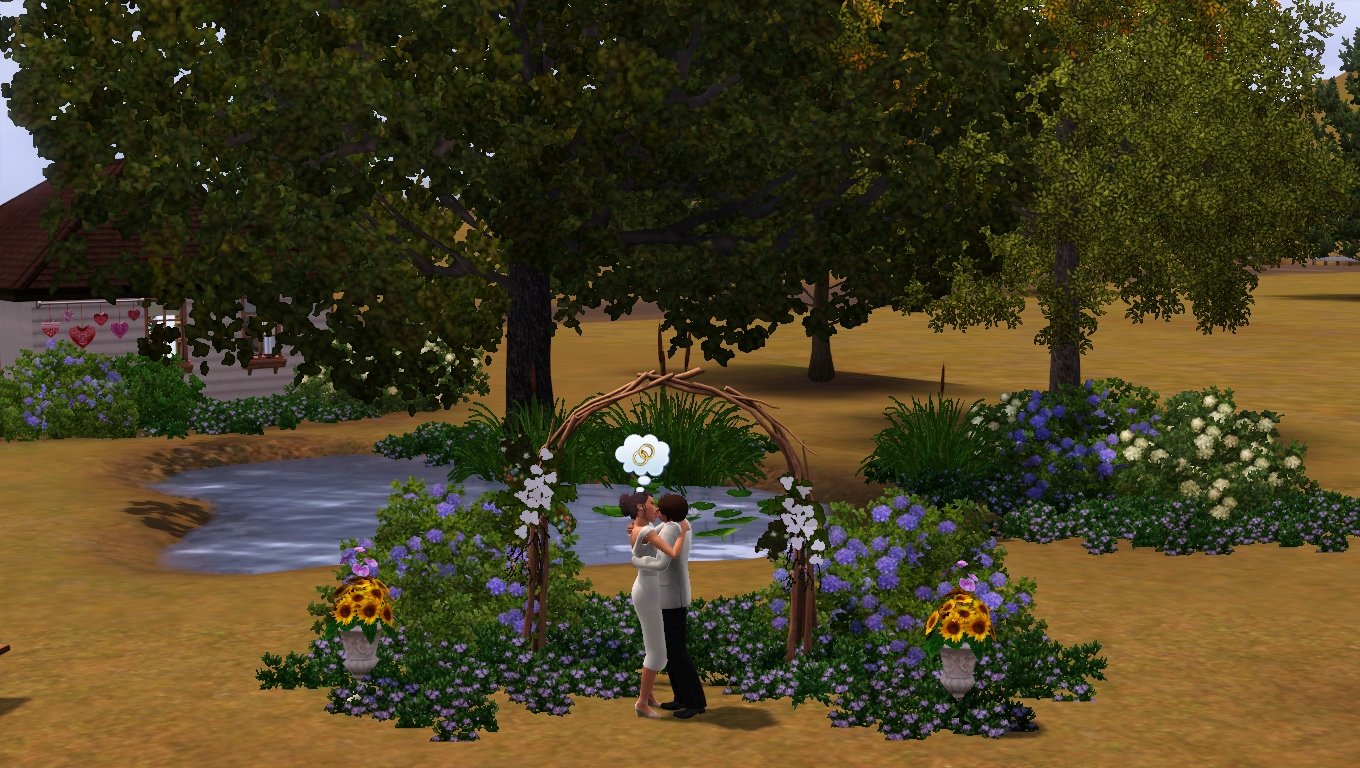 Dorothy and Matthew passionately kiss (wedding bands in a thought bubble above Dorothy's head) under a wedding arch made of branches, surrounded in flowers, in front of the pond in the Tevellyn family's backyard.