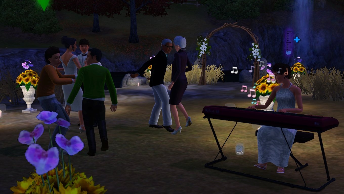 Aria plays on a keyboard piano wearing a long silver dress while three pairs of Sims dance nearby: Ryker and Mason, Dorothy and Matthew, and Altman and Bridget; all dressed for the wedding. Flowers, candles, a wedding arch, and Cinnamon Crest Falls decorate the scene.