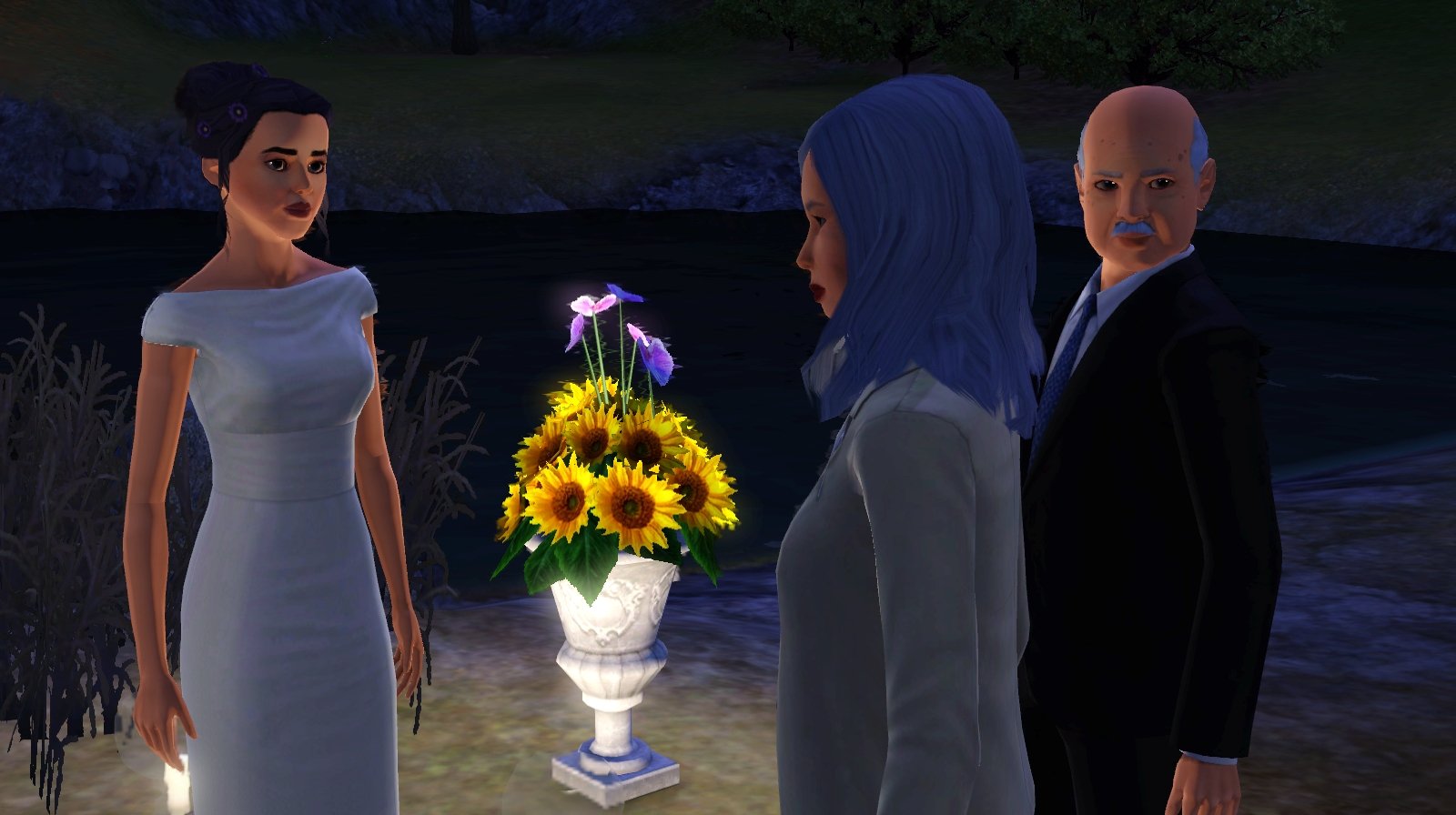 Dorothy Button stands in her wedding dress on the left, looking towards her mother in the centre, only her side profile visible. Mr Button is next to his wife, looking stoically away from the women.