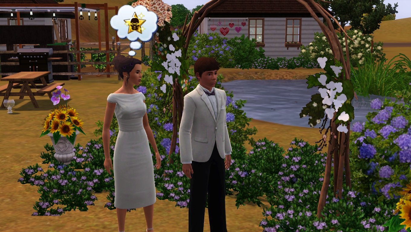 Dorothy Button in a white dress with an overhead thought bubble about The Emperor of Evil lifetime wish. She is looking at Matthew Tevellyn, who is dressed in a suit, as they stand in his family’s backyard near an arch made of branches, flowers and a pond.
